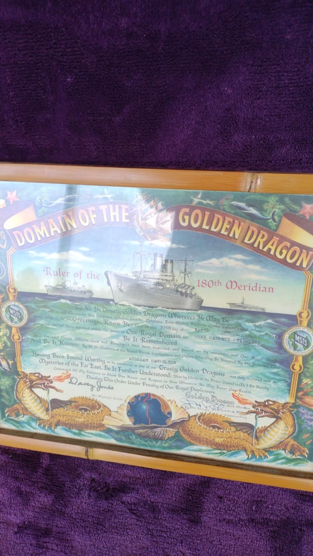 Pair Framed Domain Of The Golden Dragon Certificates Usns Barrett T-ap-196 1960 Bamboo Frames - 2