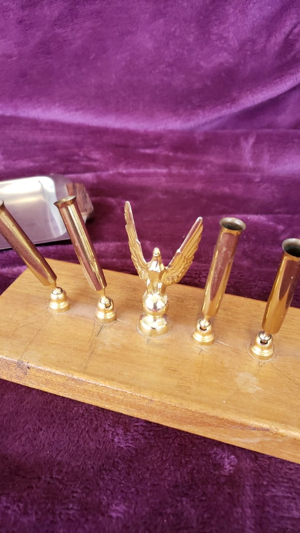 Vintage Gold Tone Desk Set With Perpetual Calendar, Eagle Pen Holder Stand Monarch Metal Tray Made - 6