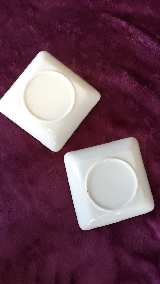Pair Square Porcelain Sauce Dishes Orange Teal White Characters - 4