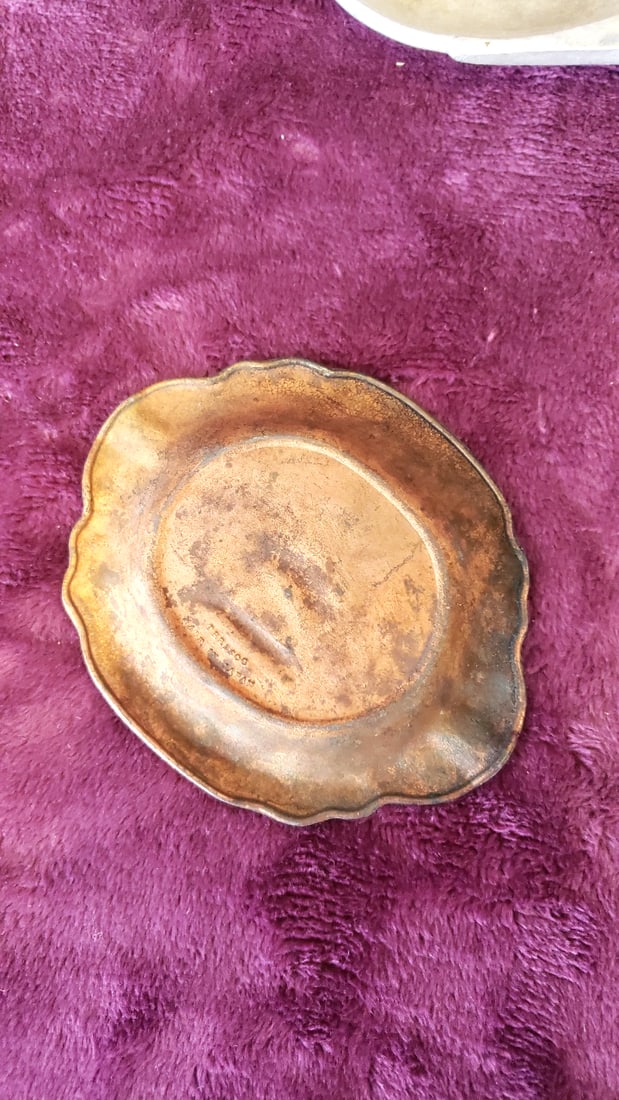 Decorative Metal Ashtray Trinket Dish Lot With Enamel Wall Plate, Gold Tone Swan, Signed Red Arrow - 10