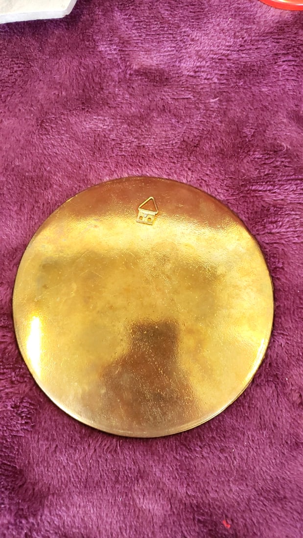 Decorative Metal Ashtray Trinket Dish Lot With Enamel Wall Plate, Gold Tone Swan, Signed Red Arrow - 3