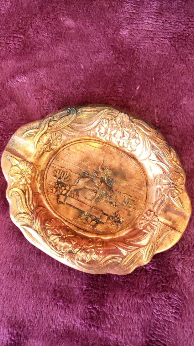 Decorative Metal Ashtray Trinket Dish Lot With Enamel Wall Plate, Gold Tone Swan, Signed Red Arrow - 8