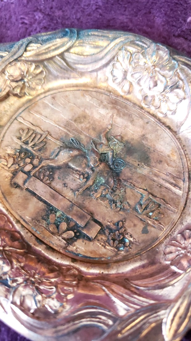 Decorative Metal Ashtray Trinket Dish Lot With Enamel Wall Plate, Gold Tone Swan, Signed Red Arrow - 9