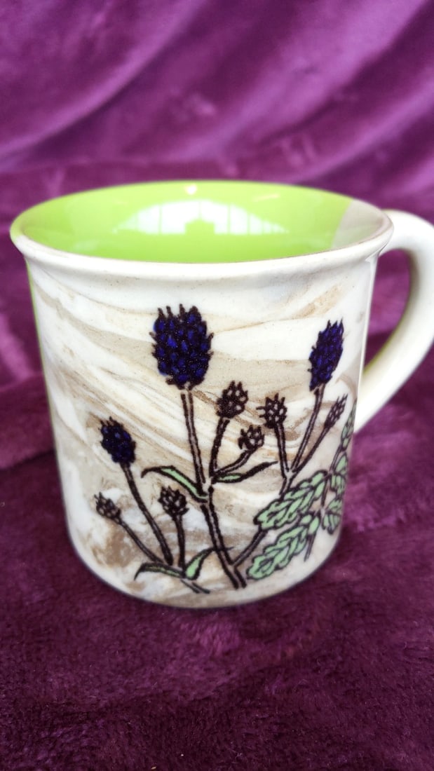 Ceramic Mug With Lime Green Interior And Botanical Thistle Floral Design - 4