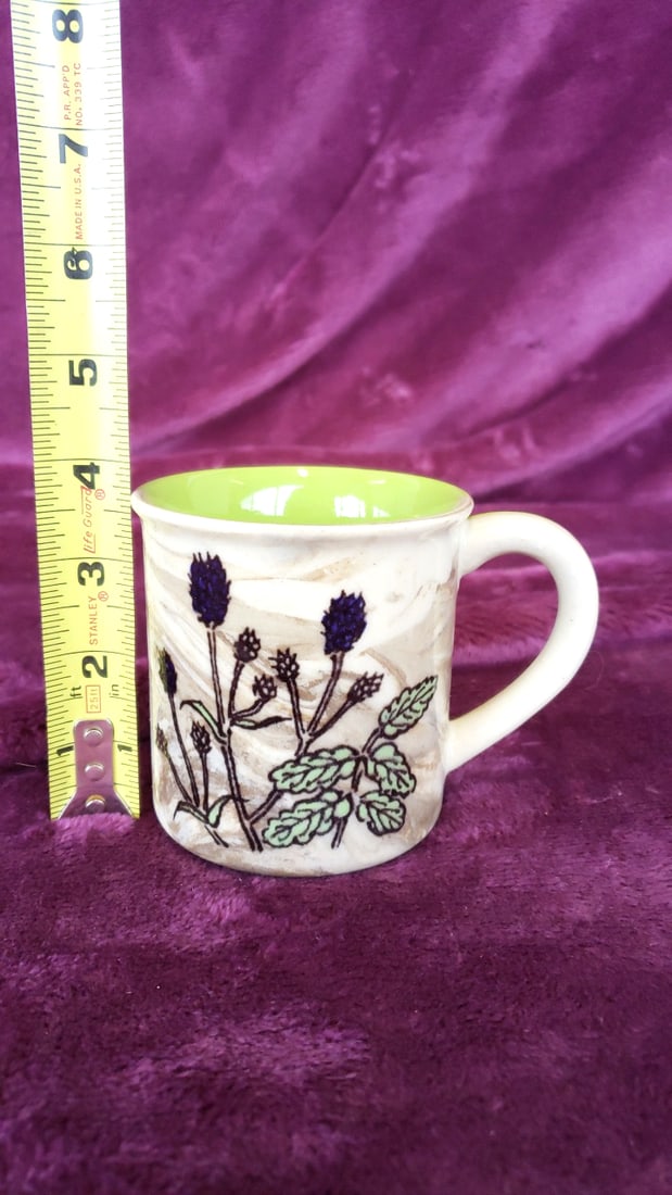 Ceramic Mug With Lime Green Interior And Botanical Thistle Floral Design - 6