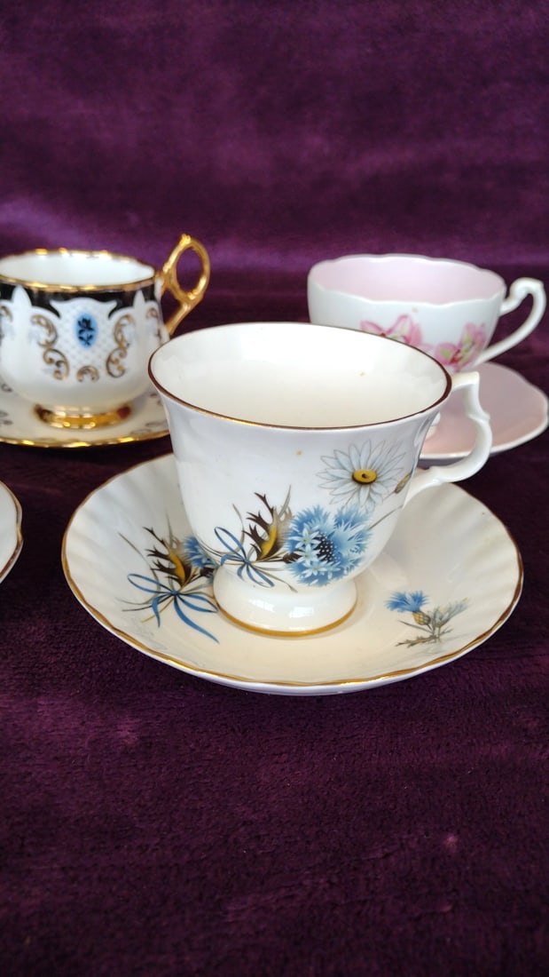 Lot Of 7 Assorted Floral Porcelain Teacup And Saucer Sets With Gold Trim - 2