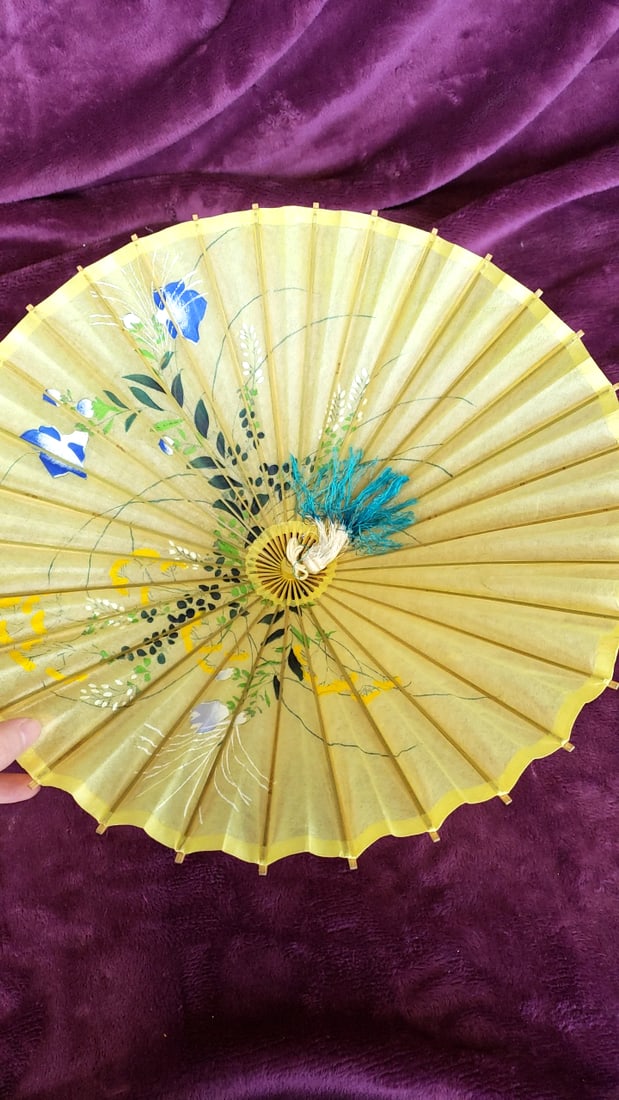 Set Of 3 Floral Paper Parasols With Bamboo Ribs, Pink Green Yellow - 2