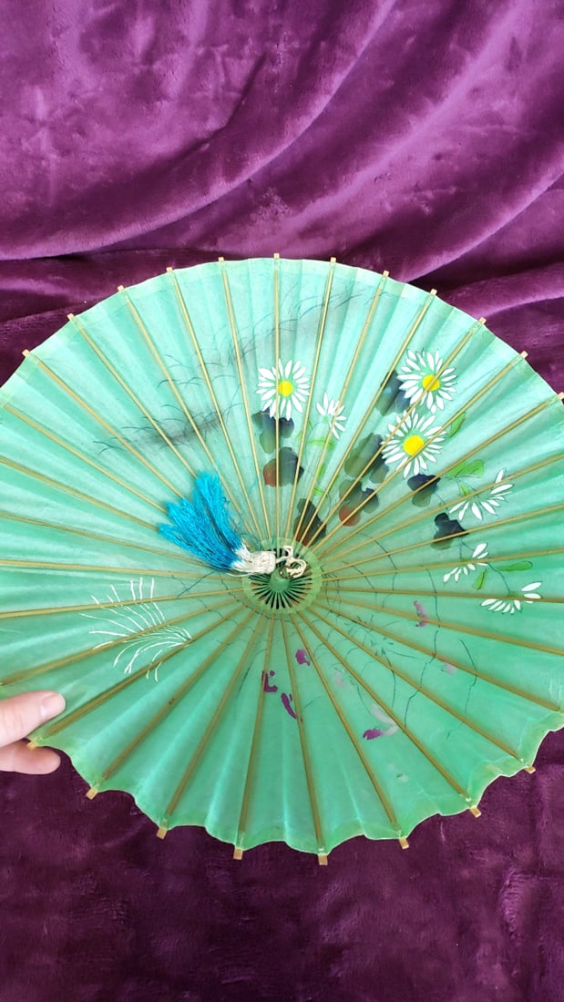 Set Of 3 Floral Paper Parasols With Bamboo Ribs, Pink Green Yellow - 3