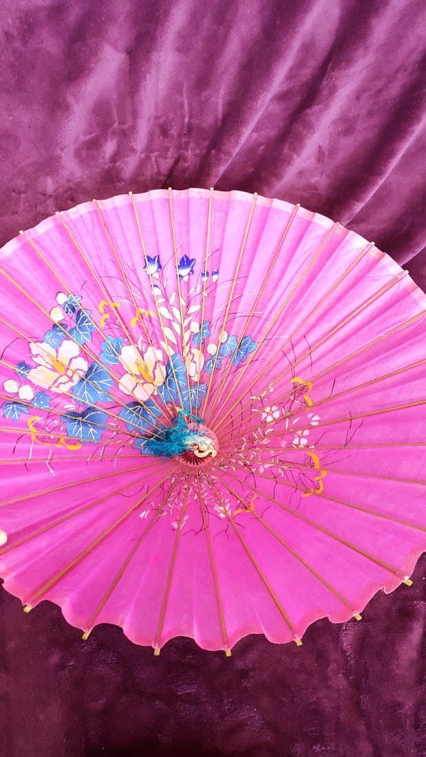 Set Of 3 Floral Paper Parasols With Bamboo Ribs, Pink Green Yellow - 4