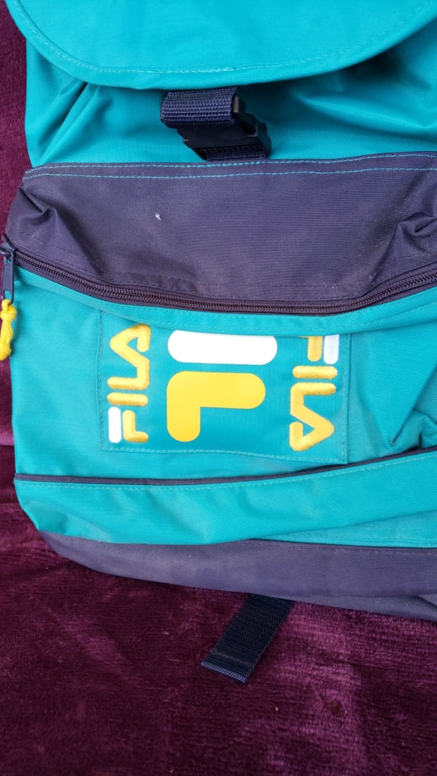 Vintage Fila Teal Navy Flap-top Drawstring Backpack With Front Zip Pocket - 2