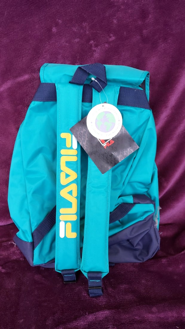 Vintage Fila Teal Navy Flap-top Drawstring Backpack With Front Zip Pocket - 3