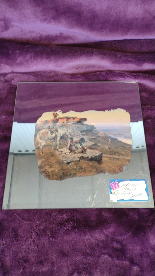 Mirror Magic By Bear Square Wall Mirror, Southwestern Native American Horse Scene: 12 x 12 x 0. 125 1. 6 lb Low Estimate: 15.00 High Estimate: 75.00