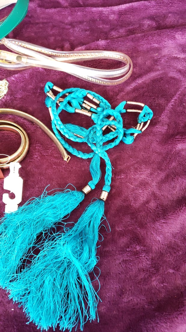 Lot Of Womens Fashion Belts Gold Chain Pink Fabric Teal Braided Tassel Metallic Styles As Is - 2
