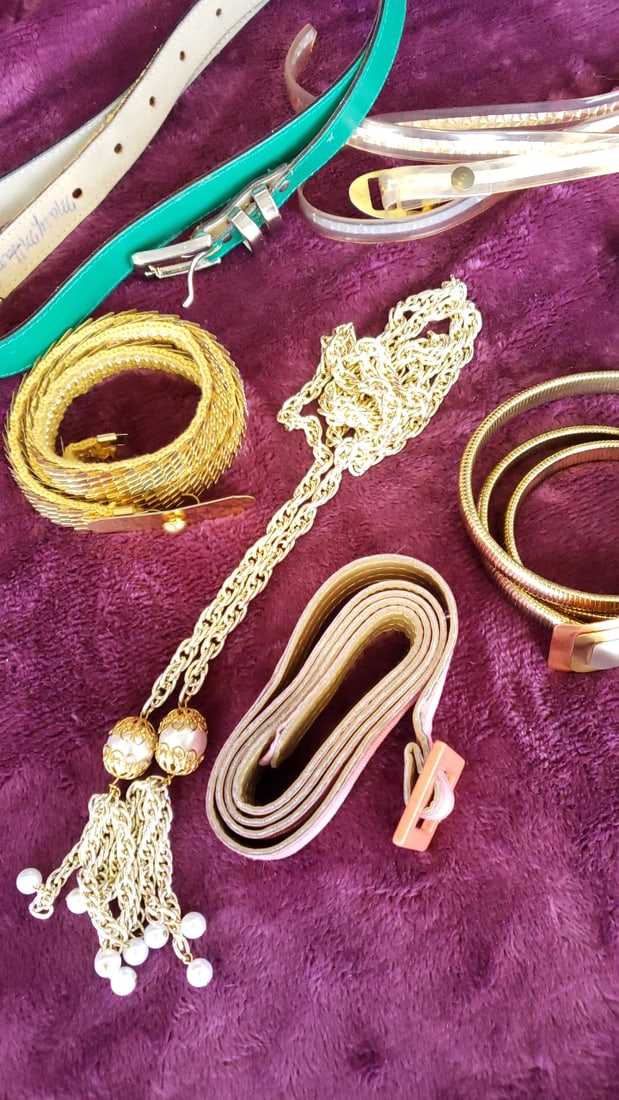 Lot Of Womens Fashion Belts Gold Chain Pink Fabric Teal Braided Tassel Metallic Styles As Is - 4