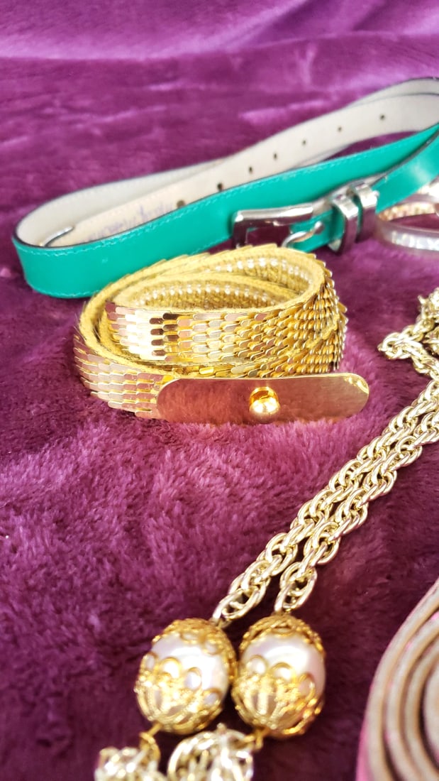 Lot Of Womens Fashion Belts Gold Chain Pink Fabric Teal Braided Tassel Metallic Styles As Is - 5