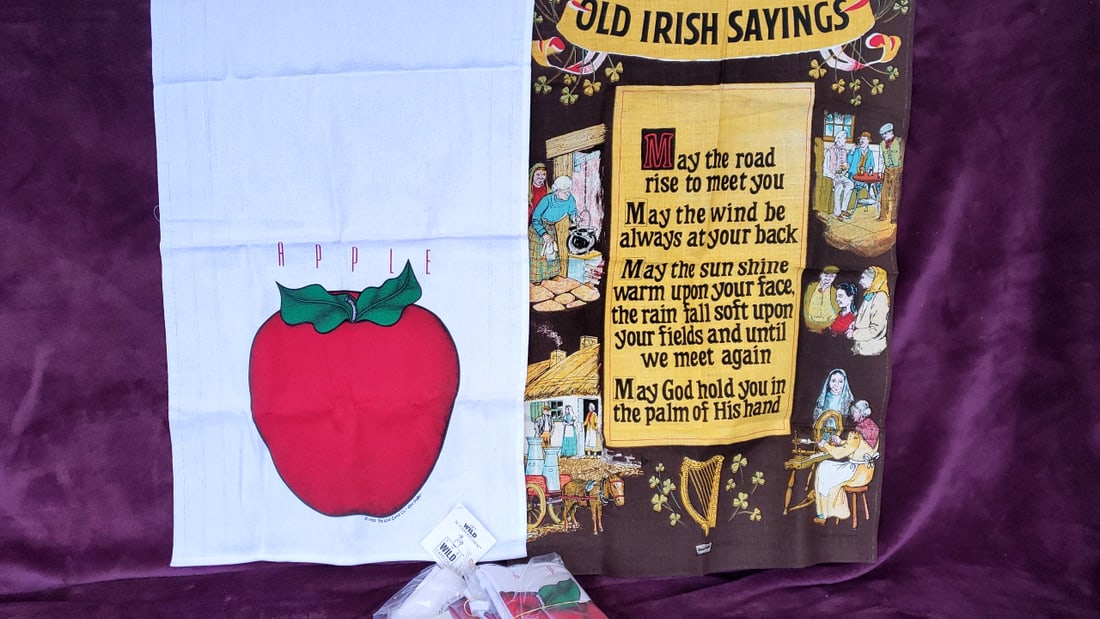 Wild Cotton Apple And Old Irish Sayings Tea Towels Lot As Is: Some have faint small stains 10x6x4 1lb Low Estimate: 5.00 High Estimate: 20.00