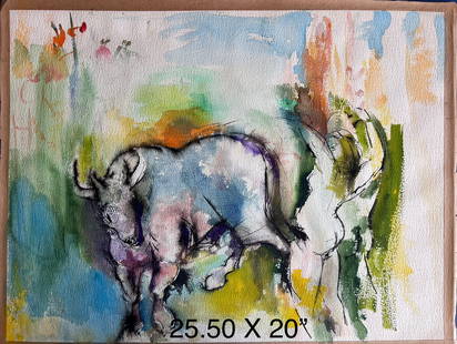 Water Color paintings: This watercolor painting by William Firschein depicts a bull in motion with a figure of a human on the right side. The painting uses a variety of colors and brushstrokes to create a dynamic and expres