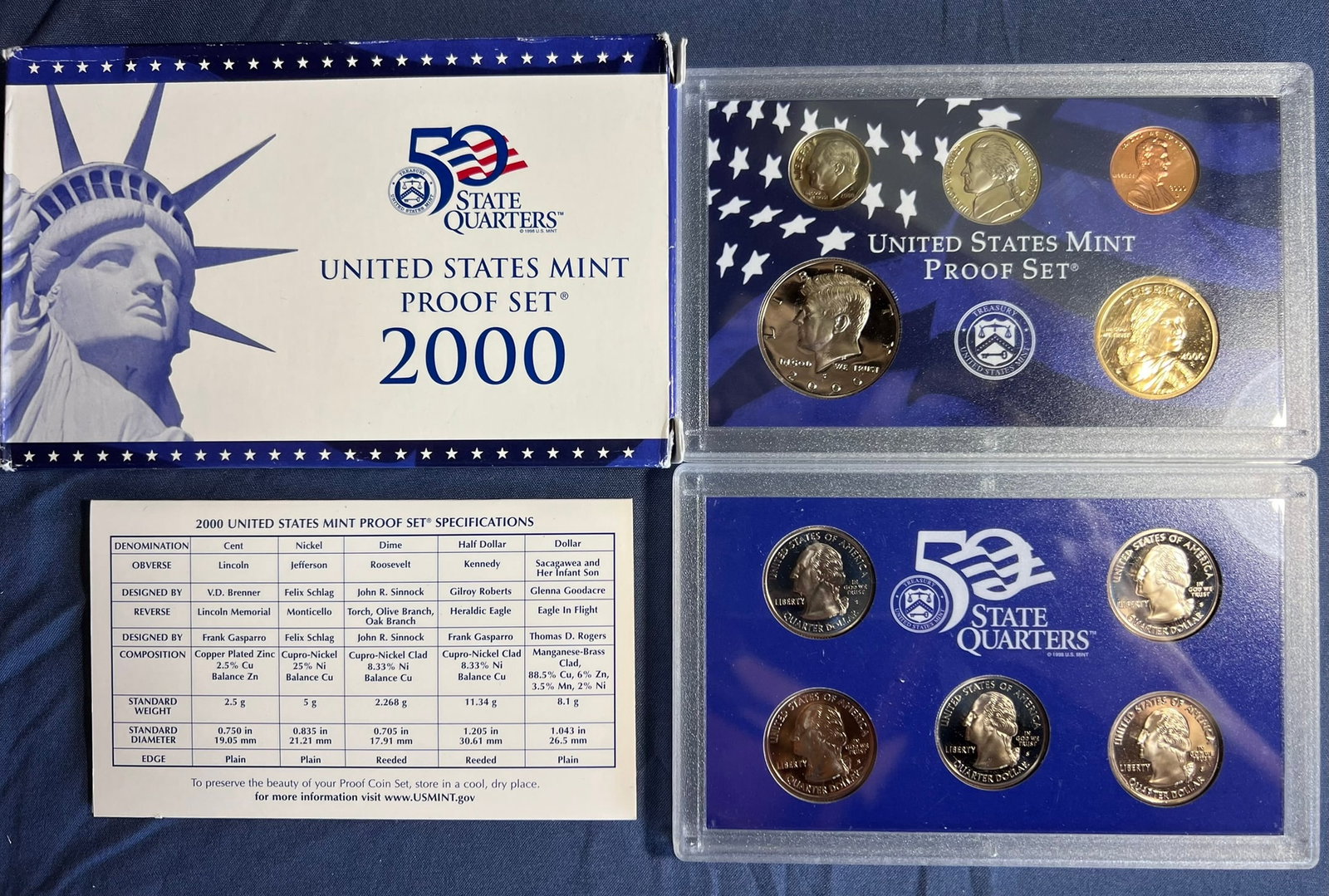 2000 S Proof Set, 10 Coins PR: Lincoln cent, Jefferson nickel, Roosevelt dime, 5 State quarters, Kennedy half dollar & Sacagawea dollar (10 coins), in original packaging and COA included.