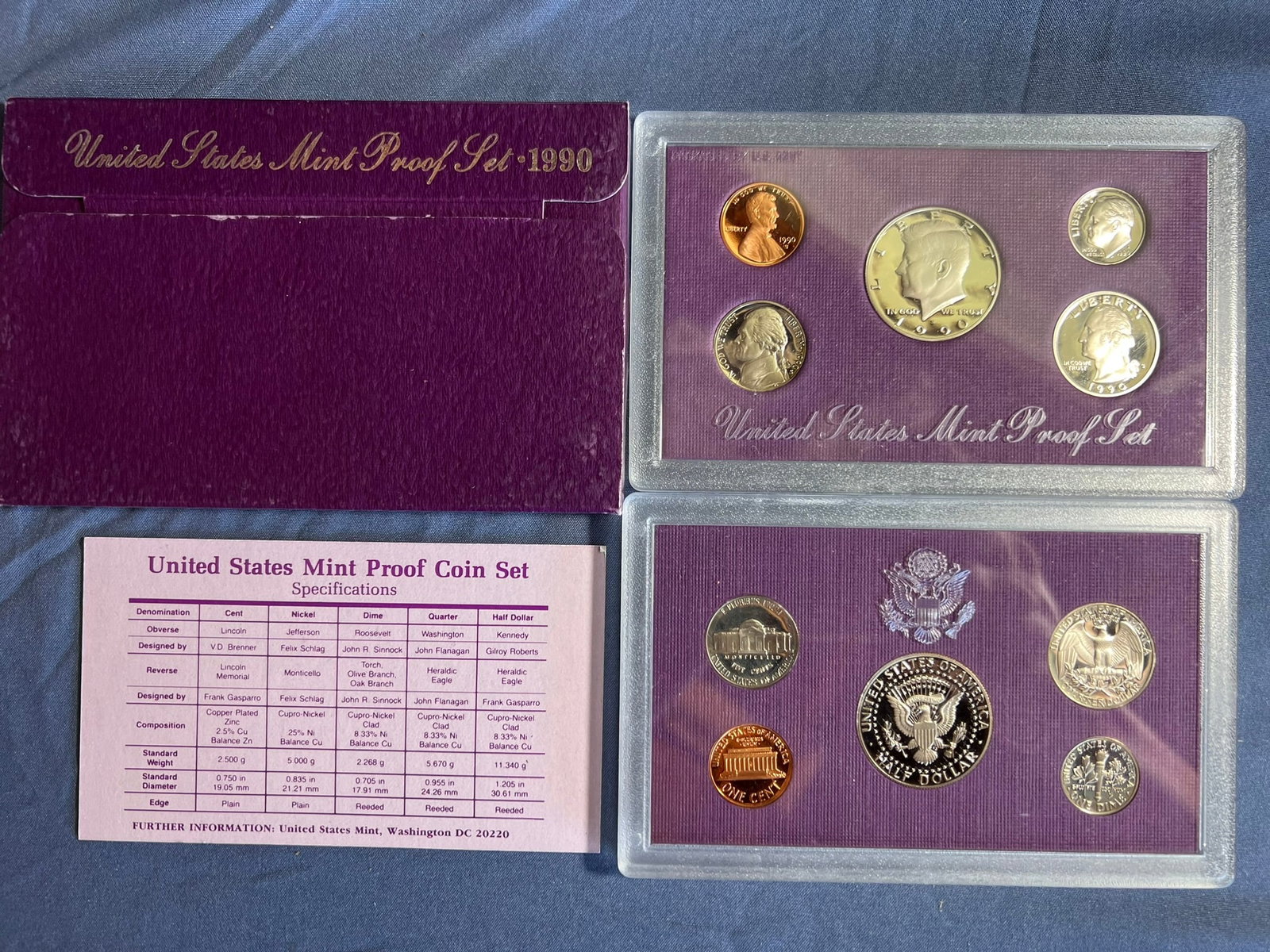 1990 S Proof Set, 5 Coins PR: Lincoln cent, Jefferson nickel, Roosevelt dime, Washington quarter & Kennedy half dollar (5 coins per set), in original packaging and COA included.