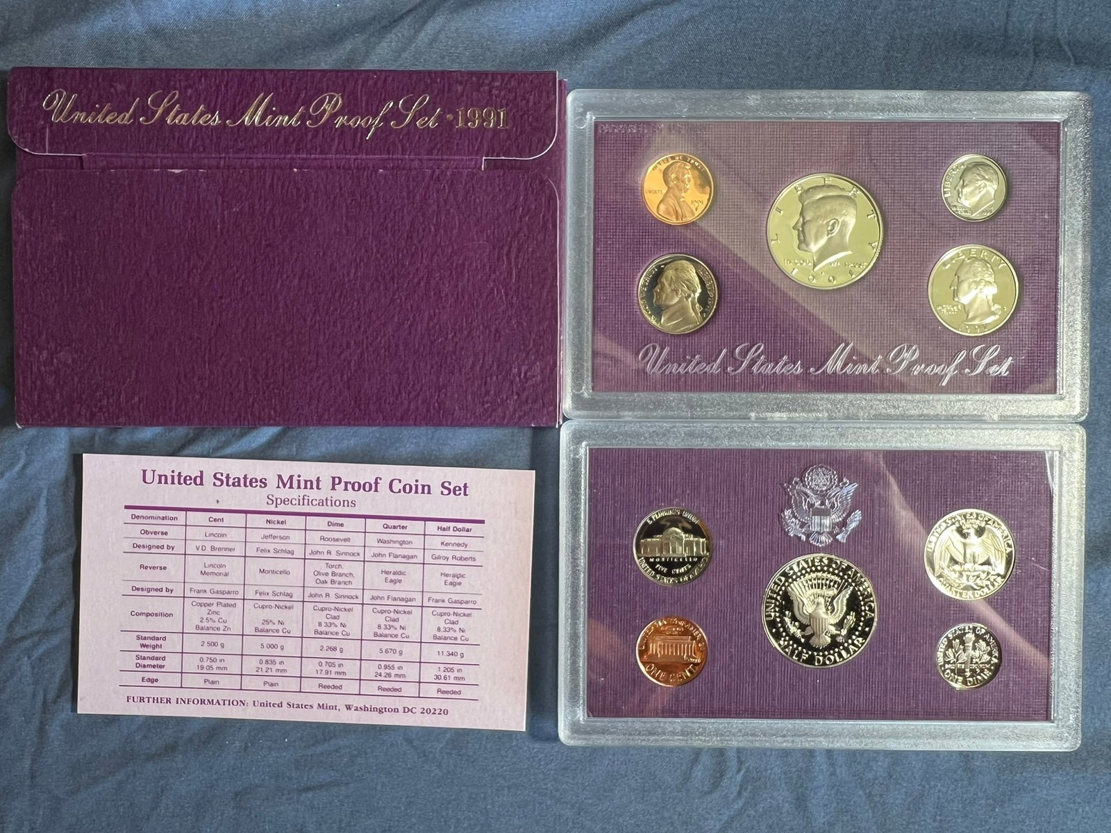 1991 S Proof Set, 5 Coins PR: Lincoln cent, Jefferson nickel, Roosevelt dime, Washington quarter & Kennedy half dollar (5 coins per set), in original packaging and COA included.