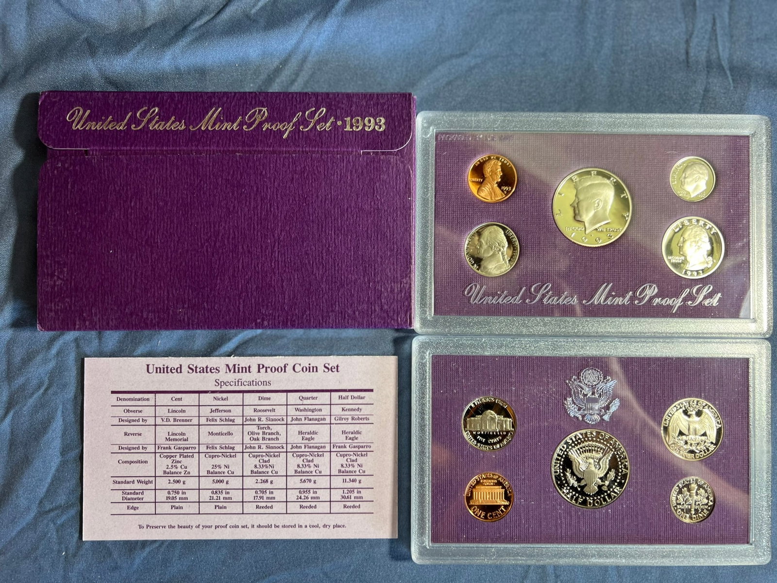 1993 S Proof Set, 5 Coins PR: Lincoln cent, Jefferson nickel, Roosevelt dime, Washington quarter & Kennedy half dollar (5 coins per set), in original packaging and COA included.