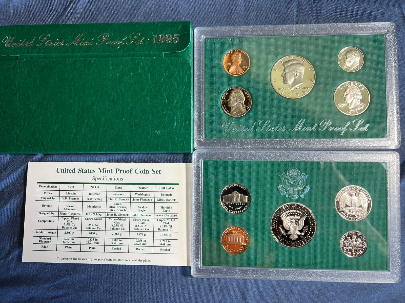 1995 S Proof Set, 5 Coins PR: Lincoln cent, Jefferson nickel, Roosevelt dime, Washington quarter & Kennedy half dollar (5 coins per set), in original packaging and COA included.