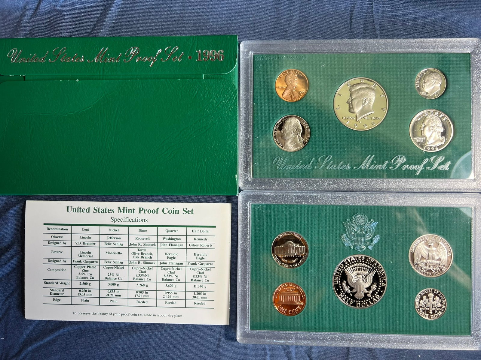 1996 S Proof Set, 5 Coins PR: Lincoln cent, Jefferson nickel, Roosevelt dime, Washington quarter & Kennedy half dollar (5 coins per set), in original packaging and COA included.