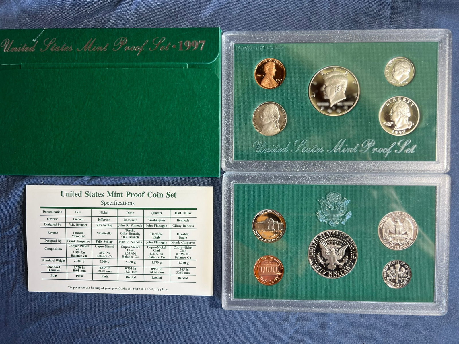 1997 S Proof Set, 5 Coins PR: Lincoln cent, Jefferson nickel, Roosevelt dime, Washington quarter & Kennedy half dollar (5 coins per set), in original packaging and COA included.