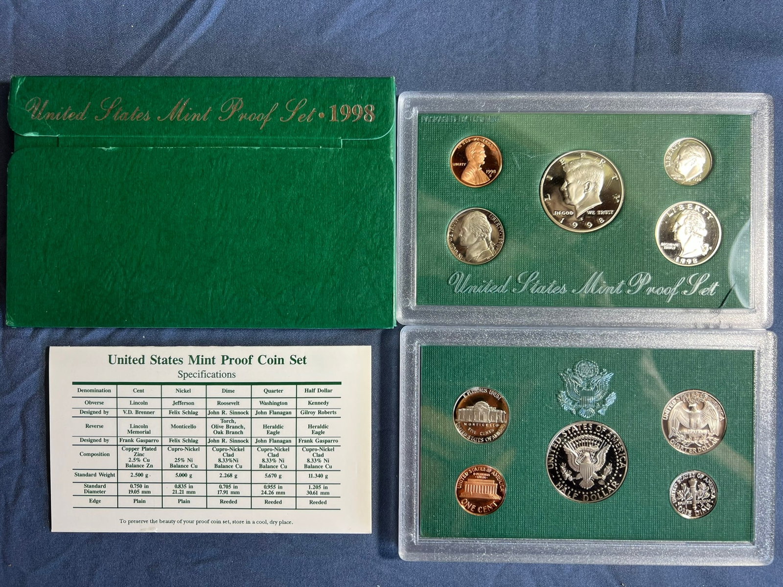 1998 S Proof Set, 5 Coins PR: Lincoln cent, Jefferson nickel, Roosevelt dime, Washington quarter & Kennedy half dollar (5 coins per set), in original packaging and COA included.