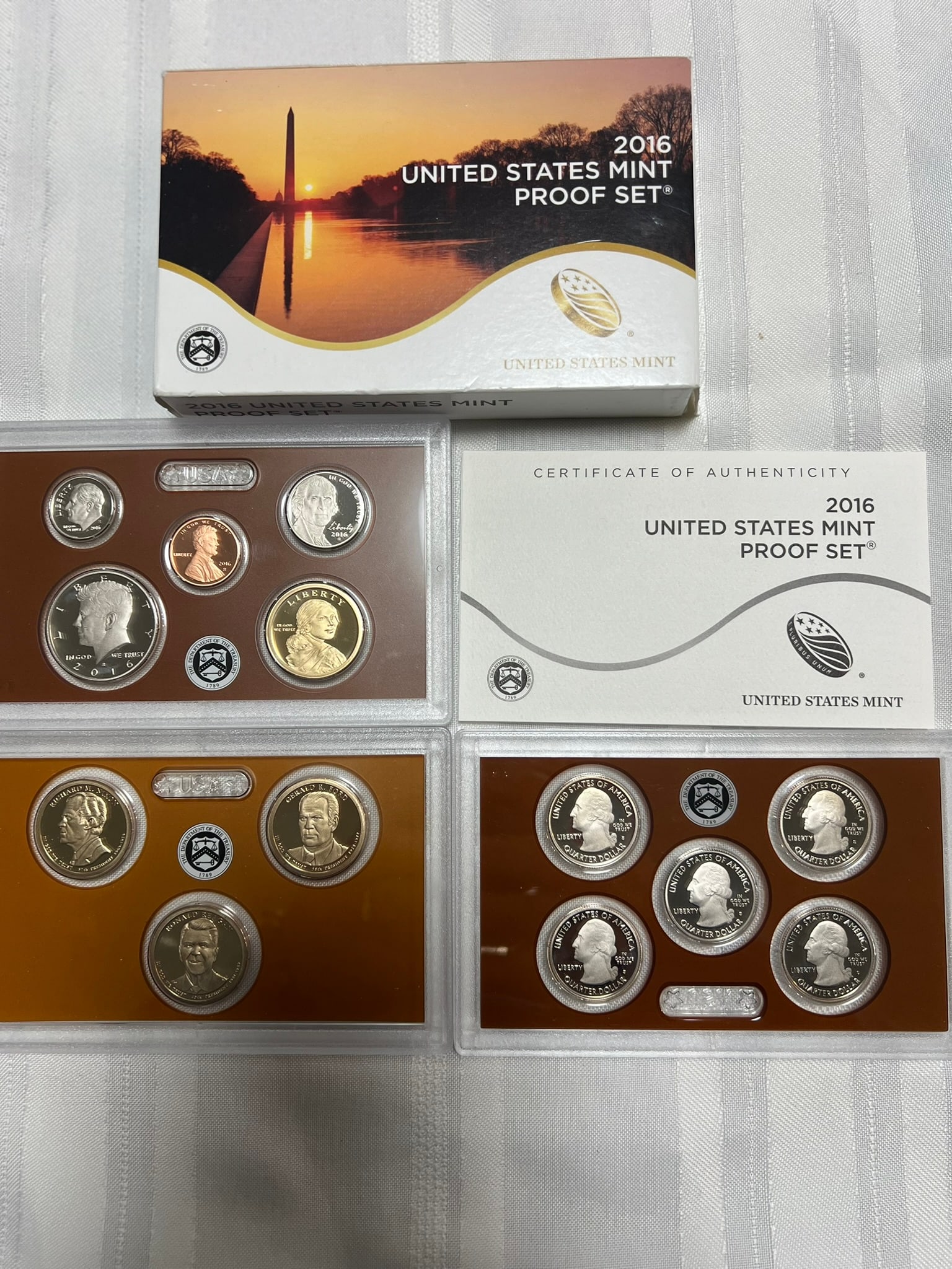 2016 S Proof Set, 13 Coins PR: Proof Set. Lincoln cent, Jefferson nickel, Roosevelt dime, 5 State quarters, Kennedy half dollar, Sacagawea dollar & 3 Presidential dollars (13 coins), in original packaging and COA included.