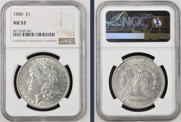 1880 Morgan Silver Dollar $1 NGC AU53: The product is an 1880 Morgan Silver Dollar $1 graded AU53 by NGC. It is a circulated silver coin with a fineness of 0.9, minted in Philadelphia. This coin has been certified by NGC, showcasing its au