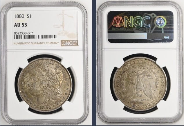 1880 Morgan Silver Dollar $1 NGC AU53: The product is an 1880 Morgan Silver Dollar $1 graded AU53 by NGC. It is a circulated silver coin with a fineness of 0.9, minted in Philadelphia. This coin has been certified by NGC, showcasing its au