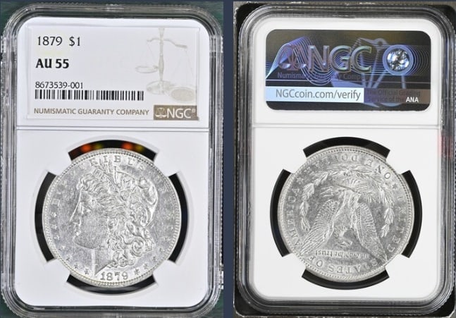 1879 Morgan Silver Dollar $1 NGC AU55: The product is an 1879 Morgan Silver Dollar $1 graded AU55 by NGC. It is a circulated silver coin with a fineness of 0.9, minted in Philadelphia. This coin has been certified by NGC, showcasing its au