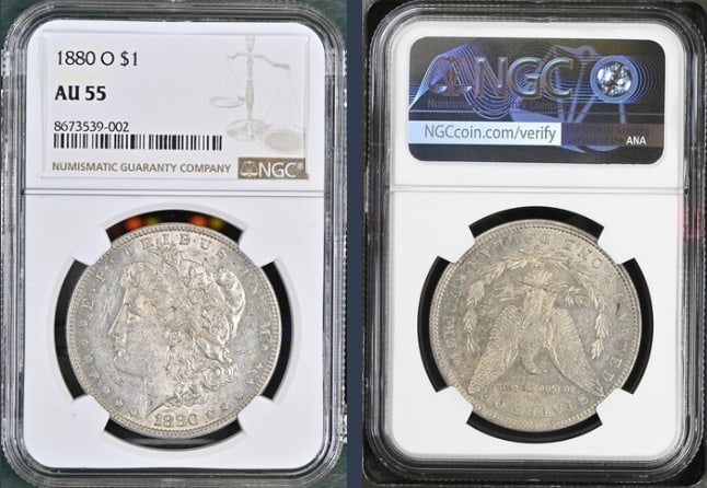 1880-O Morgan Silver Dollar $1 NGC AU55: The product is an 1880-O Morgan Silver Dollar $1 graded AU55 by NGC. It is a circulated silver coin with a fineness of 0.9, minted in New Orleans. This coin has been certified by NGC, showcasing its a
