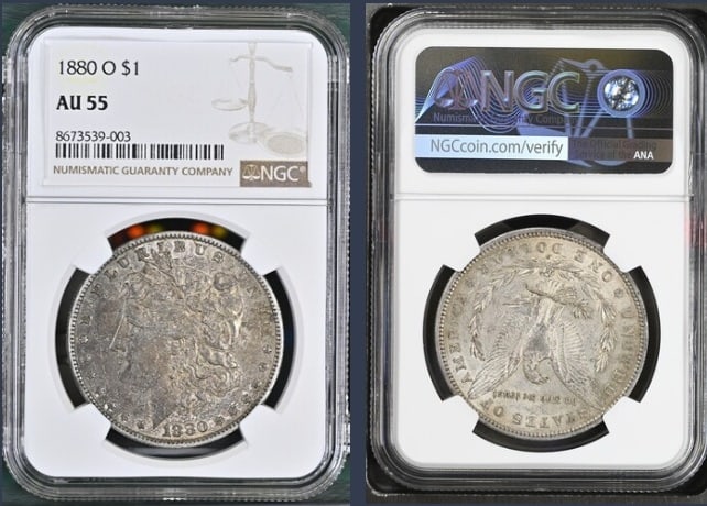 1880-O Morgan Silver Dollar $1 NGC AU55: The product is an 1880-O Morgan Silver Dollar $1 graded AU55 by NGC. It is a circulated silver coin with a fineness of 0.9, minted in New Orleans. This coin has been certified by NGC, showcasing its a