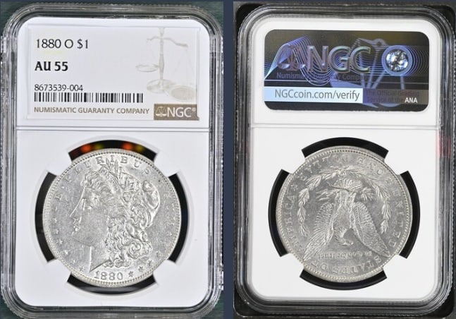 1880-O Morgan Silver Dollar $1 NGC AU55: The product is an 1880-O Morgan Silver Dollar $1 graded AU55 by NGC. It is a circulated silver coin with a fineness of 0.9, minted in New Orleans. This coin has been certified by NGC, showcasing its a