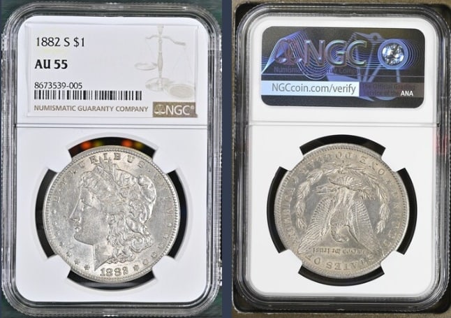 1882-S Morgan Silver Dollar $1 NGC AU55: The product is an 1882-S Morgan Silver Dollar $1 graded AU55 by NGC. It is a circulated silver coin with a fineness of 0.9, minted in San Francisco. This coin has been certified by NGC, showcasing its