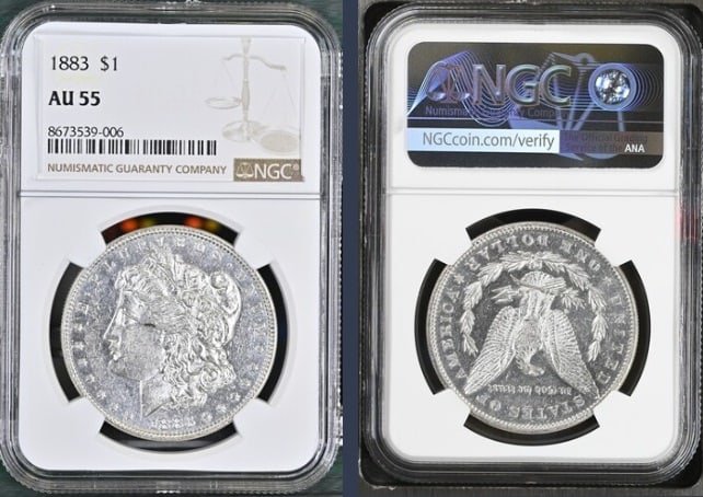 1883 Morgan Silver Dollar $1 NGC AU55: The product is an 1883 Morgan Silver Dollar $1 graded AU55 by NGC. It is a circulated silver coin with a fineness of 0.9, minted in Philadelphia. This coin has been certified by NGC, showcasing its au