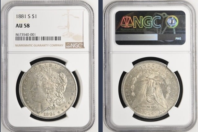 1883-O Morgan Silver Dollar $1 NGC AU58: The product is an 1883-O Morgan Silver Dollar $1 graded AU58 by NGC. It is a circulated silver coin with a fineness of 0.9, minted in New Orleans. This coin has been certified by NGC, showcasing its a