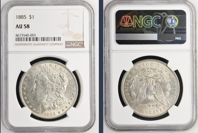 1885 Morgan Silver Dollar $1 NGC AU58: The product is an 1885 Morgan Silver Dollar $1 graded AU58 by NGC. It is a circulated silver coin with a fineness of 0.9, minted in Philadelphia. This coin has been certified by NGC, showcasing its au