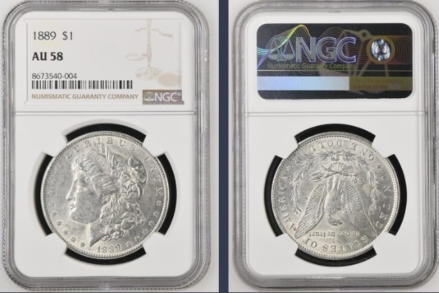 1889 Morgan Silver Dollar $1 NGC AU58: The product is an 1889 Morgan Silver Dollar $1 graded AU58 by NGC. It is a circulated silver coin with a fineness of 0.9, minted in Philadelphia. This coin has been certified by NGC, showcasing its au