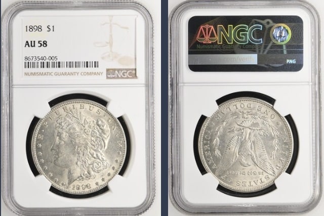 1898 Morgan Silver Dollar $1 NGC AU58: The product is an 1898 Morgan Silver Dollar $1 graded AU58 by NGC. It is a circulated silver coin with a fineness of 0.9, minted in Philadelphia. This coin has been certified by NGC, showcasing its au