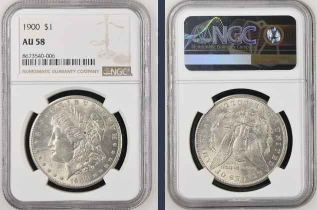 1900 Morgan Silver Dollar $1 NGC AU58: The product is an 1900 Morgan Silver Dollar $1 graded AU58 by NGC. It is a circulated silver coin with a fineness of 0.9, minted in Philadelphia. This coin has been certified by NGC, showcasing its au