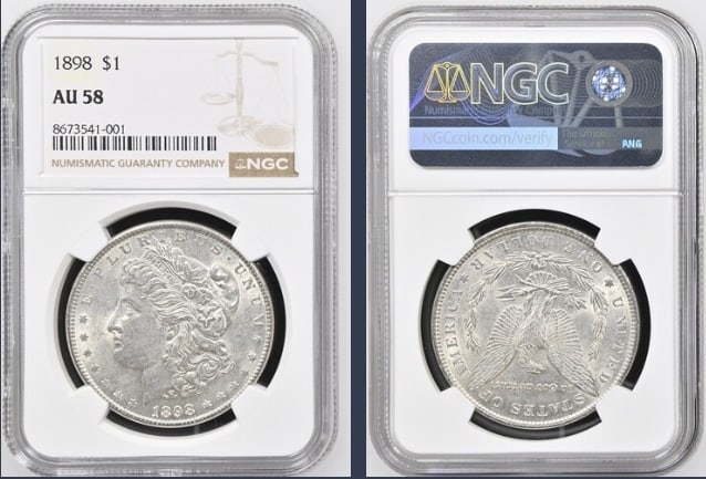 1898 Morgan Silver Dollar $1 NGC AU58: The product is an 1898 Morgan Silver Dollar $1 graded AU58 by NGC. It is a circulated silver coin with a fineness of 0.9, minted in Philadelphia. This coin has been certified by NGC, showcasing its au