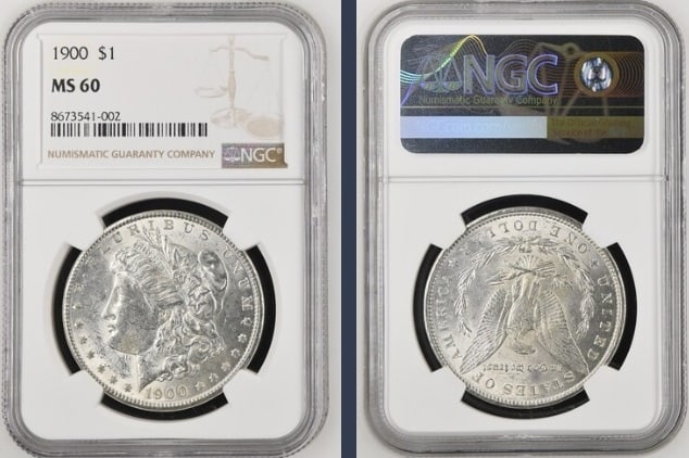 1900 Morgan Silver Dollar $1 NGC MS60: The product is an 1900 Morgan Silver Dollar $1 graded MS60 by NGC. It is a circulated silver coin with a fineness of 0.9, minted in Philadelphia. This coin has been certified by NGC, showcasing its au