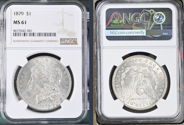 1879 Morgan Silver Dollar $1 NGC MS61: The product is an 1879 Morgan Silver Dollar $1 graded MS61 by NGC. It is a circulated silver coin with a fineness of 0.9, minted in Philadelphia. This coin has been certified by NGC, showcasing its au