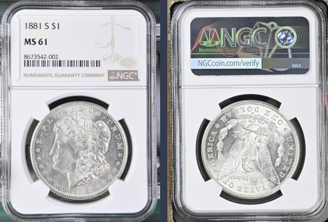 1881-S Morgan Silver Dollar $1 NGC MS61: The product is an 1881-S Morgan Silver Dollar $1 graded MS61 by NGC. It is a circulated silver coin with a fineness of 0.9, minted in San Francisco. This coin has been certified by NGC, showcasing its
