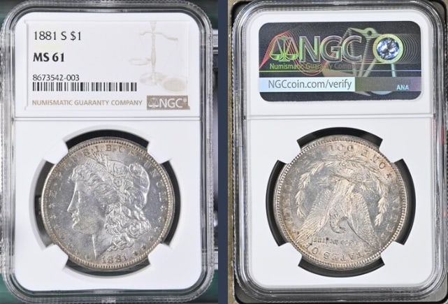 1881-S Morgan Silver Dollar $1 NGC MS61: The product is an 1881-S Morgan Silver Dollar $1 graded MS61 by NGC. It is a circulated silver coin with a fineness of 0.9, minted in San Francisco. This coin has been certified by NGC, showcasing its