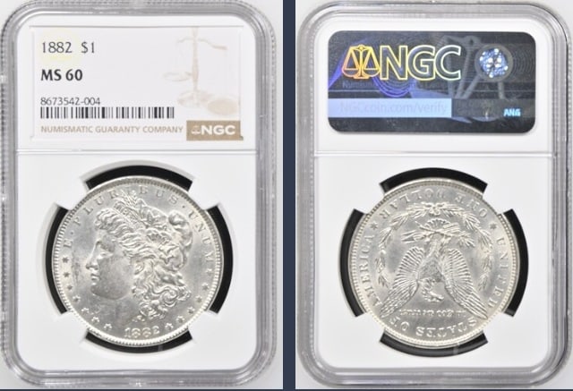 1882 Morgan Silver Dollar $1 NGC MS60: The product is an 1882 Morgan Silver Dollar $1 graded MS60 by NGC. It is a circulated silver coin with a fineness of 0.9, minted in Philadelphia. This coin has been certified by NGC, showcasing its au