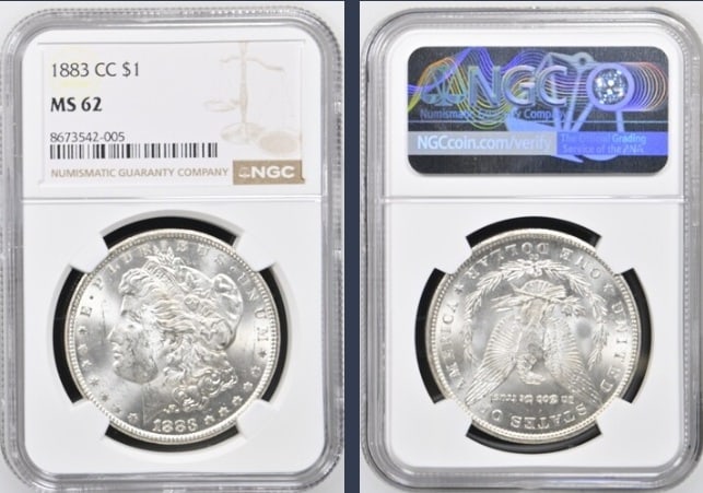 1883-CC Morgan Silver Dollar $1 NGC MS62: The product is an 1883-CC Morgan Silver Dollar $1 graded MS62 by NGC. It is a circulated silver coin with a fineness of 0.9, minted in Carson City. This coin has been certified by NGC, showcasing its 